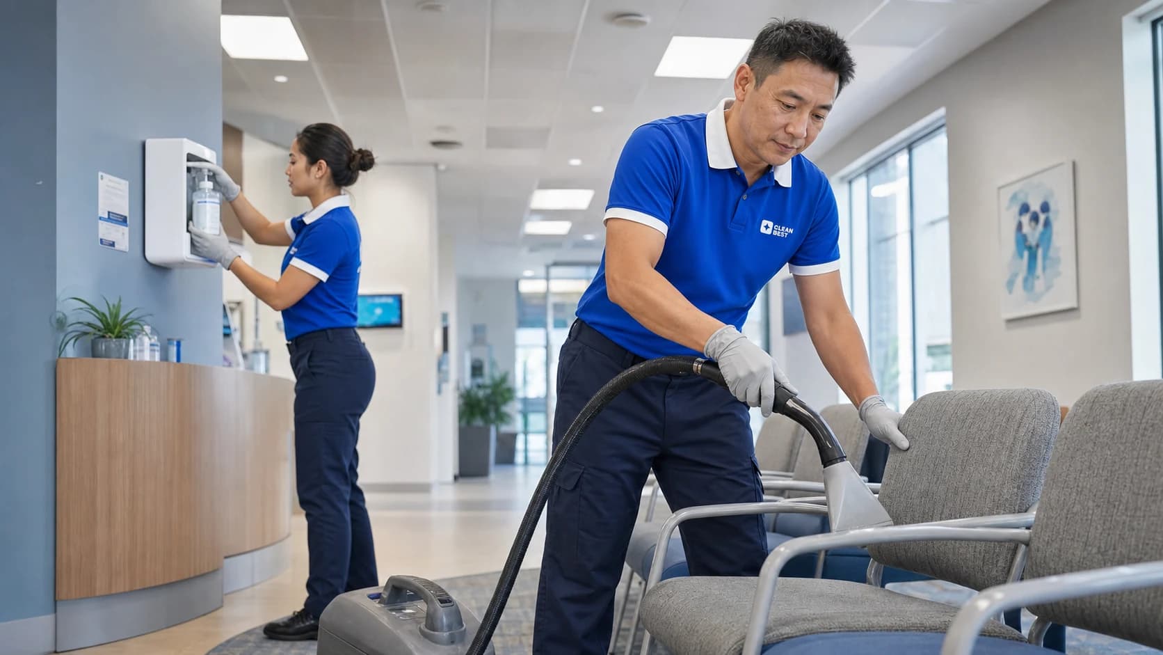 Clean Best cleaner disinfecting a consult room bench in a Blacktown medical centre NSW
