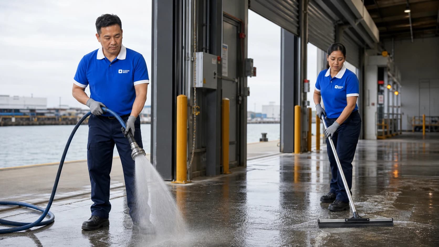 Close detail of a scrubbed concrete warehouse floor and racking leg at a Blacktown NSW unit